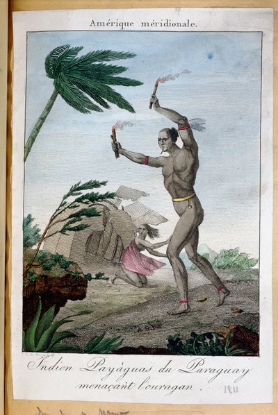 Un chamán indio Payaguas intentando desviar un huracán, Paraguay, 1811 de French School