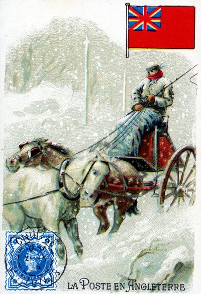 Un cartero en Inglaterra entregando correo en invierno, finales del siglo XIX de French School