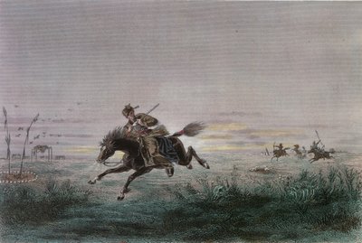 Un cartero del Pony Express estadounidense siendo atacado por nativos americanos de French School