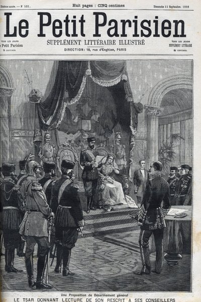Una propuesta de desarme general (hecha a las potencias europeas) - El zar Nicolás II (1868-1918) leyendo su rescripto a sus asesores. Le Petit Parisien de French School