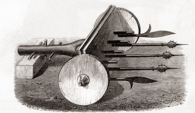 Un Ribauldequin, máquina infernal o cañón de órgano, armado con pequeños cañones y picas, de Les Merveilles de la Science, publicado c.1870 de French School