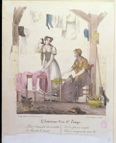 Una habitación en el sexto piso, grabado por Montoux y Cheyere, 1830 de French School