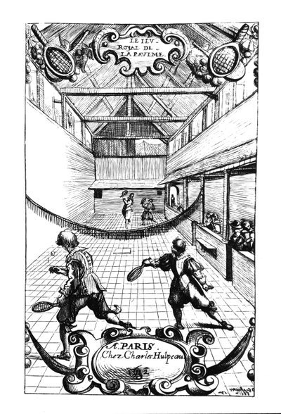 Un juego real de tenis en el Jeu de Paume, Versalles, publicado por Charles Hulpeau de French School