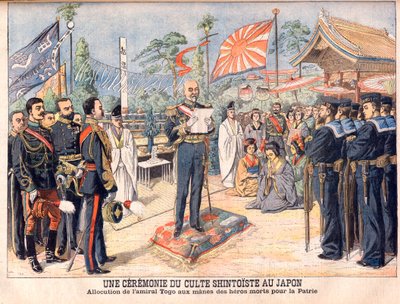 Una ceremonia sintoísta en Japón. El almirante Togo dirigiéndose a los espíritus de los héroes japoneses muertos en la guerra ruso-japonesa. Una ceremonia de culto sintoísta en Japón. Discurso del almirante Togo. de French School
