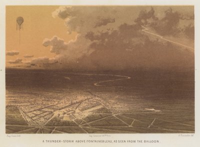 Una tormenta sobre Fontainebleau, vista desde el globo (litografía en color) de French School