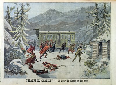 Un Tren Atacado por Indios Americanos, de La Vuelta al Mundo en 80 Días por Jules Verne (1828-1905) de Le Petit Journal, 13 de mayo de 1898 de French School