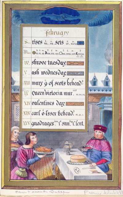 Hoja de calendario victoriano para febrero con una ilustración del Libro de Horas de Ana de Bretaña (1488-1514) de French School