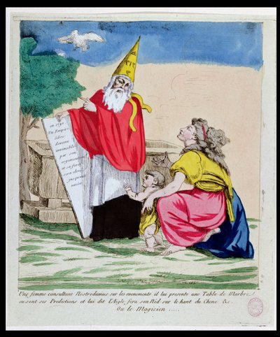 Una mujer consultando a Michel Nostradame (Nostradamus), enero de 1790 de French School