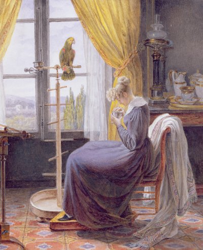 Una mujer alimentando a un loro en un interior, c.1820 de French School