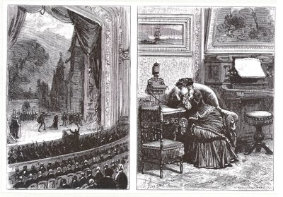 Una mujer escuchando una ópera en su propia casa mediante el teléfono Ader-Bell y el arreglo de Ader para la transmisión de música, de Les Nouvelles Conquetes de la Science por Louis Figuier de French School