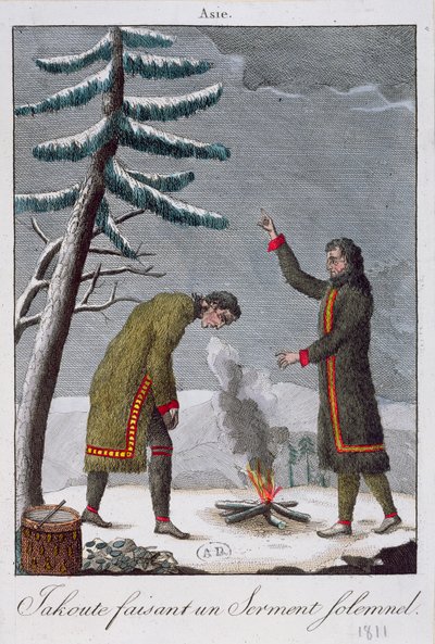 Un hombre Yakut haciendo un juramento solemne, 1811 de French School