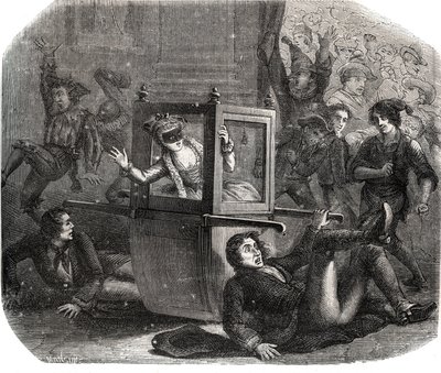 Una banda de bromistas impide que Marie-Thérèse Le Vasseur (1721-1801), disfrazada para el Carnaval, avance en su silla de ruedas. Es víctima de la venganza de uno de sus antiguos amantes. Grabado de 1871 en "Histoire Des Cocus Celebres" de French School