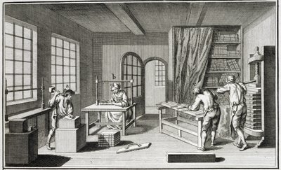 Taller de un encuadernador, de la Encyclopedie des Sciences et Metiers de Denis Diderot (1713-84) publicada c.1770 de French School