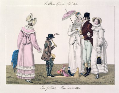 Un niño entreteniendo con marionetas danzantes, lámina 84 de Le Bon Genre, c.1810 de French School