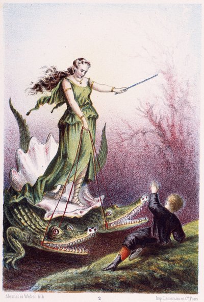 Un niño delante de una mujer montada en un tanque conducido por 2 cocodrilos - en "Viaje al fondo del mar" de H. de la Blanchère. París, ed. Jouvet et Cie, sd. 1880. de French School