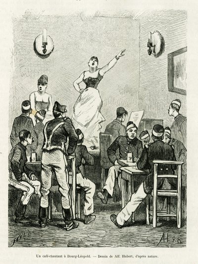 Un café cantante en Bourg Leopold. Grabado por A.Hubert para ilustrar la historia La Belgique, por Camille Lemonnier, en le tour du monde 1886, dirigido por Edouard Charton (1807-1890), Hachette, París de French School