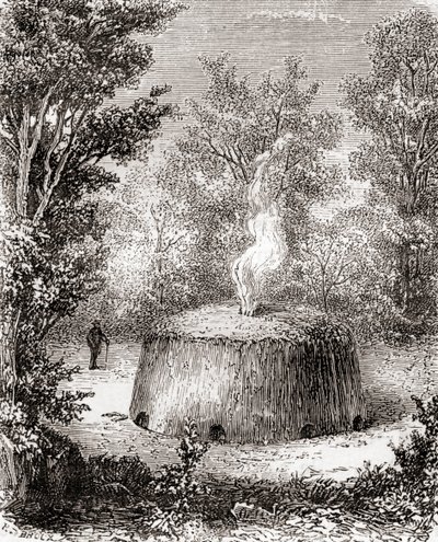 Un horno de carbón en el bosque, según un dibujo del siglo XIX, de Les Merveilles de la Science, publicado c.1870 (grabado) de French School