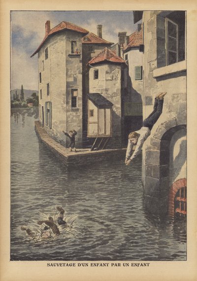 Un niño salvando a otro de ahogarse en el canal de Givors, Francia de French School