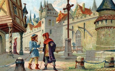 Una ciudad en la Edad Media. Cromolitografía de finales del siglo XIX. de French School