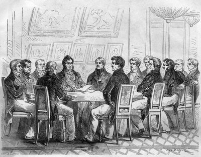 Un conciliábulo de diputados de la burguesía en el Palais Royal en París bajo Carlos X y la Restauración. Grabado en "Histoire des Papes-Rois-Queen and Empereurs a travers les siècles" por Maurice Lachatre. de French School