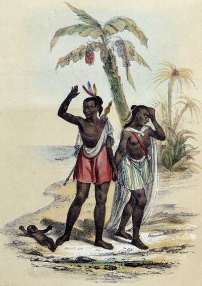 Una pareja y un bebé en una playa; ilustración para las Marquesas, -en “Las doce Naciones” de M.E Fouinet de French School