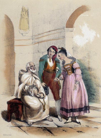 Una pareja casándose en la iglesia; ilustración para España, -en “The twelve Nations” de M.E Fouinet de French School