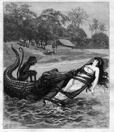 Un cocodrilo agarra una tabla de madera a la que está atada una mujer. Ilustración de "Viaje alrededor del mundo del marinero Biribi" por Theodore Labourieu y Saint Vrin (Saint-Vrin). Grabado de 1880 en "La republique illustree". Colección privada. de French School