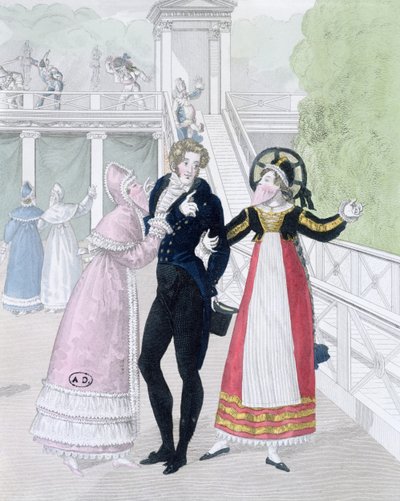 Un dandi cortejado por dos mujeres enmascaradas, de la serie Le Bon Genre de French School