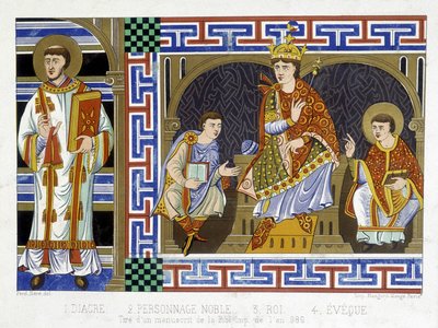Un diácono, un personaje noble, un rey y un eveque que ilustran a la gente del siglo X; Ilustración del siglo XIX extraída de "Francia en el siglo X". de French School