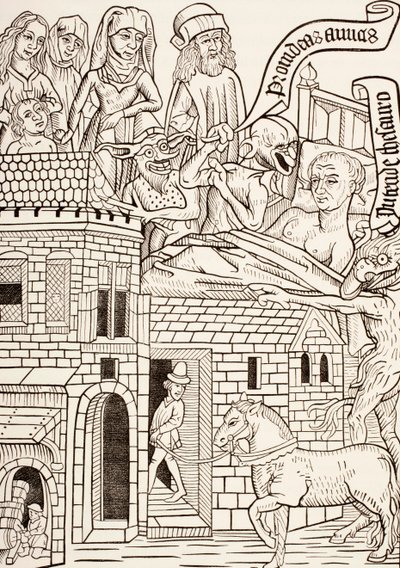 Un pecador moribundo rodeado por su familia y dos demonios susurrándole al oído, página del texto del siglo XV Ars Moriendi o El Arte de Morir, de Les Arts au Moyen Age, publicado en 1873 de French School