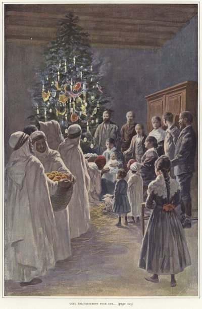 Un grupo familiar viendo una escena de natividad junto a un árbol de Navidad de French School