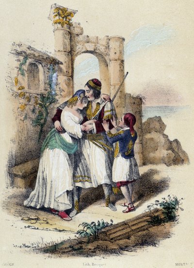 Una familia rodeada de ruinas; ilustración para Grecia, en “Las doce Naciones” de M.E Fouinet de French School