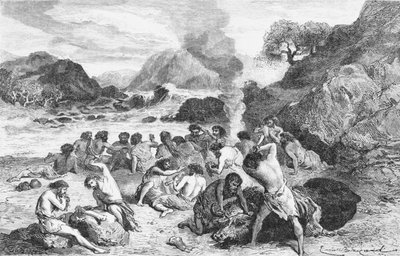 Un banquete durante la edad de piedra, ilustración de L