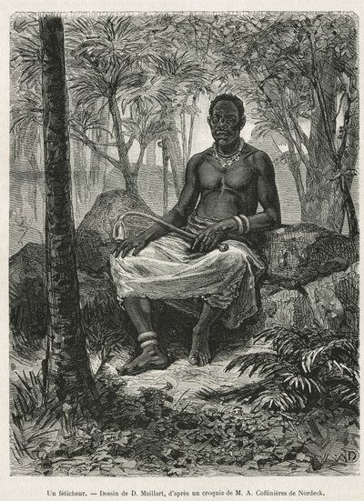 Un feticheur, hechicero capaz de utilizar la fuerza mágica de los fetiches, dibujo de D.Maillart, para ilustrar el relato de un viaje a Gabón y al río Ogoue, en 1875-1877, de Alfred Marche. Grabado en Le tour du monde de French School