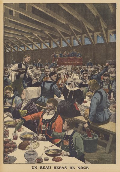 Un gran banquete de bodas en Bretaña (litografía a color) de French School