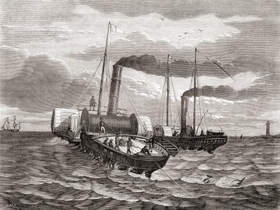 Primer intento en 1850 de la Anglo-French Telegraph Company de John Watkins Brett de tender la primera línea bajo el Canal de la Mancha, de Dover a Calais, utilizando los remolcadores transformados Goliath y Widgeon, de Les Merveilles de la Science, public de French School