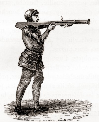 Un soldado de infantería usando una bombardera de mano, finales del siglo XIV y XV, según un dibujo del siglo XIX, de Les Merveilles de la Science, publicado c.1870 de French School
