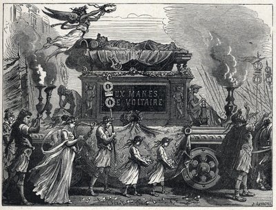 Un carro fúnebre llevando el cuerpo de Voltaire (François Marie Arouet) de French School