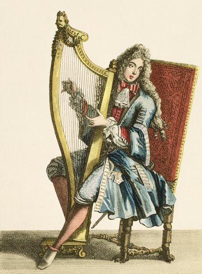 Un caballero tocando el arpa de French School