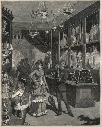 Una tienda de oro en Francia en el siglo XIX. Grabado de 1885 en “Les arts et metiers illustres” por Adolphe BITARD. de French School