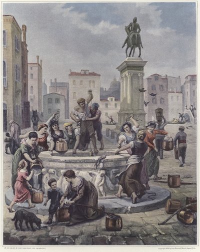 Un grupo de mujeres recogiendo agua de un pozo en Venecia de French School