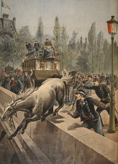 Un caballo suicidándose, ilustración de Le Petit Journal: Suplemento ilustrado, 1898 de French School
