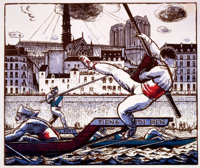 Un concurso de justas en un festival fluvial en el Sena, París, c.1890-1920 (grabado en madera a color) de French School