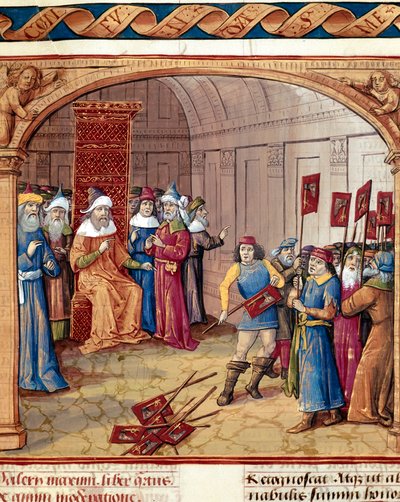 Un rey recibe estandartes y hachas en miniatura de “Dicta et facta memorabilia” de Valerio Máximo (siglo I a.C.) 1410 Chantilly, Museo Condé de French School
