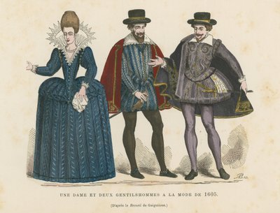 Una dama y dos caballeros a la moda de 1605 de French School