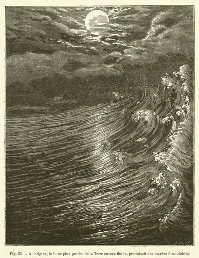 En el origen, la Luna más cerca de la Tierra aún fluida, producía mareas formidables de French School