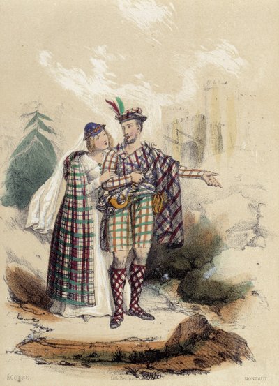 Un hombre con falda escocesa y su compañero frente a un castillo; ilustración para Escocia, en “Las doce Naciones” de M.E Fouinet de French School