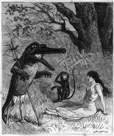 Un hombre con piel de cocodrilo habla con una joven que está desmayada bajo la mirada de un mono. Ilustración de “Viaje alrededor del mundo del marinero Biribi” de Theodore Labourieu y Saint Vrin (Saint-Vrin). Grabado de 1880 en “La republique illustree” de French School