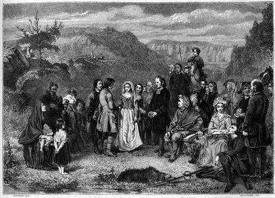 Un matrimonio de puritanos (presbiterianos) en Escocia. Grabado por Freeman en "Le Magasin picturesque" de French School