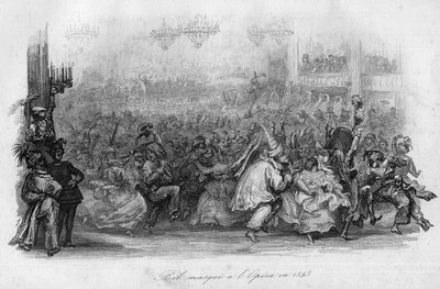 Un baile de máscaras en la Ópera de París en 1843. (“El carnaval” canción por Marc-Antoine Madeleine Desaugiers) en “CHANS et CHANS POPULES DE LA FRANCE - 1843 - H.- L. DELLOYE, editor, LIBRERÍA DE GARNIER. de French School